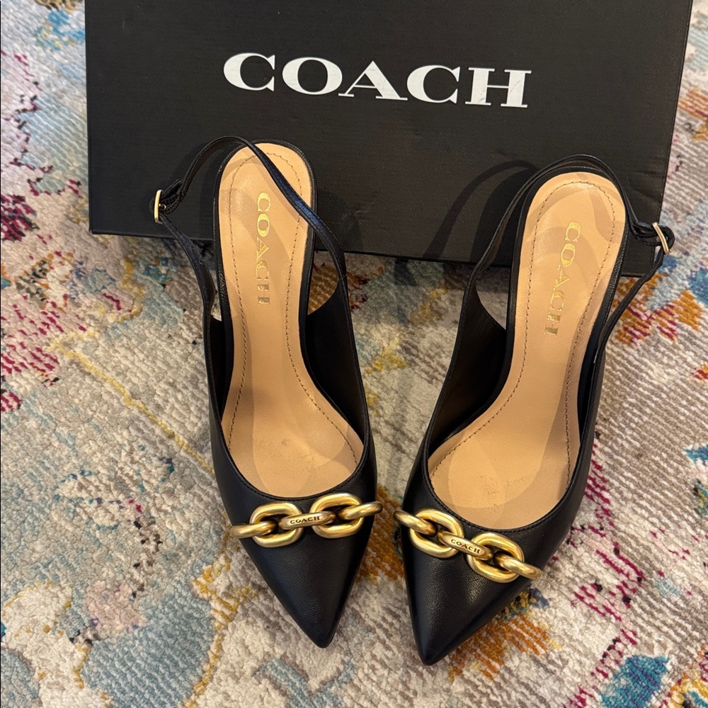 Coach Black Slingback Pumps with Gold Chain Accent